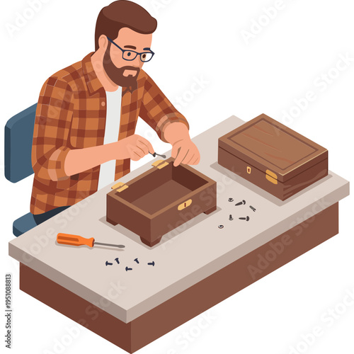 Man assembling a brown wooden box on a table with tools