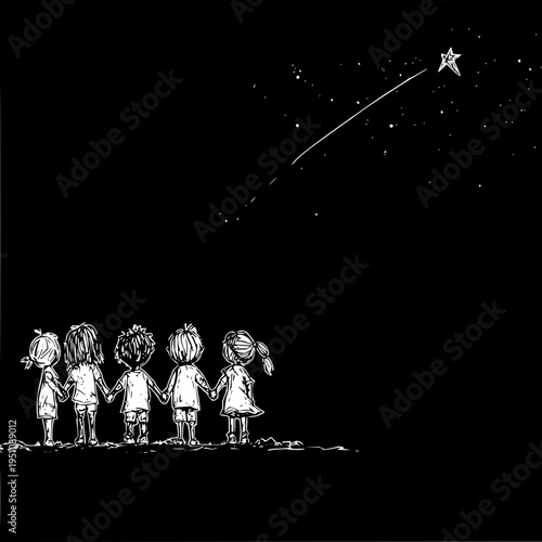 Children standing together gazing at a shooting star in the night sky simple black and white illustration dreamy atmosphere holding hands white dresses