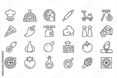 Pizza restaurant line icons set with chef oven rolling pin pizza slice cheese and ingredients