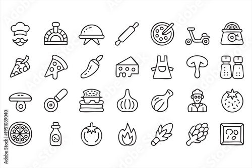 Pizzeria food outline icon collection with pizza slices oven chef garlic tomato and cheese