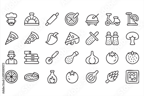 Italian pizza restaurant icon set with pizza slices oven chef ingredients and pizzeria tools