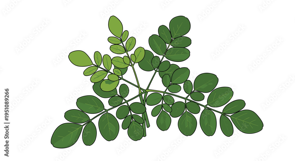 Obraz premium Detailed cluster of moringa leaves, showcasing their delicate structure and vibrant green hue, symbolizing a nutrient-dense superfood and powerful plant-based ingredient.