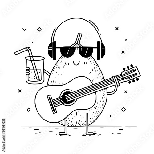 Happy egg character wearing sunglasses and headphones playing guitar and holding a drink with a straw fun and carefree illustration