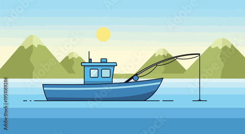 Vector illustration of blue fishing boat on calm water with mountains