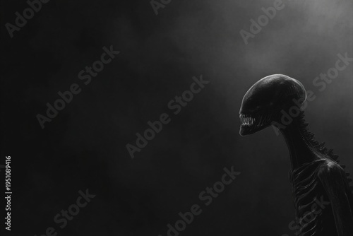 Scary alien monster emerging from dark shadow. Terrifying creature with sharp teeth in deep fog. Cinematic horror concept for science fiction movie and nightmare background scene.