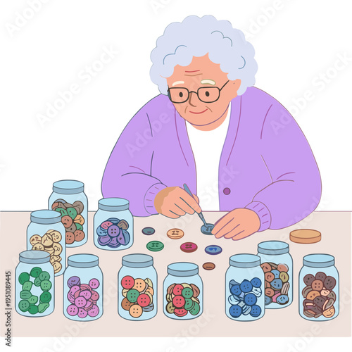 An elderly woman sorts colorful candies into jars on a table.