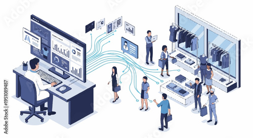 Businesspeople collaborate in modern office with data visualization and technology integration