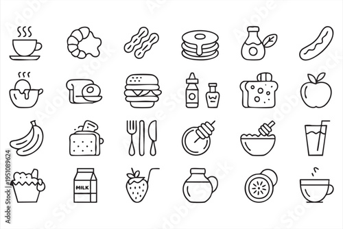 Breakfast Meal And Food Line Icons For Cafe Menu And Restaurant Design