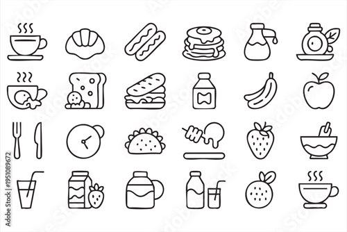 Morning Breakfast Food Icon Set With Coffee Pancakes Fruit And Drinks