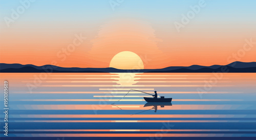 Vector illustration of a serene lake scene at sunset with a boat