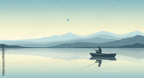 Fishing boat on serene lake, tranquil landscape, vector illustration, scenic view