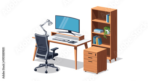 Modern isometric illustration of an organized office workspace, featuring a sleek desk with a curved monitor, ergonomic chair, cabinet, and a wooden bookshelf.