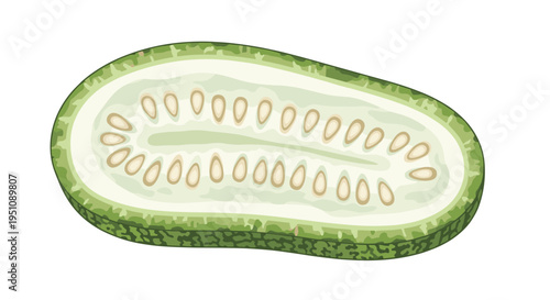 Half-sliced cucumber illustration, revealing its elongated oval shape, juicy flesh, and a neat row of seeds, ideal for fresh food, cooking, and healthy ingredient designs.