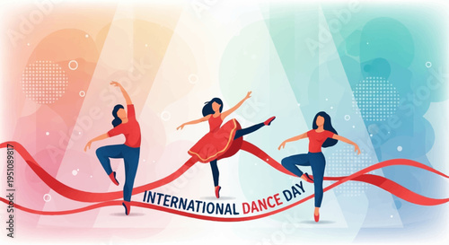 Three dancers celebrate international dance day with flowing ribbons in colorful background