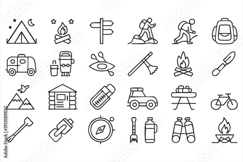 Camping And Outdoor Adventure Line Icons For Hiking Travel And Survival