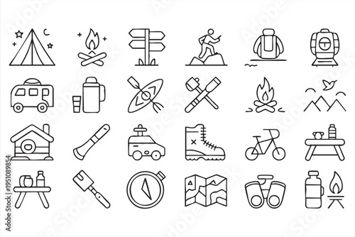Outdoor Camping And Hiking Icon Set With Tent Campfire And Mountains
