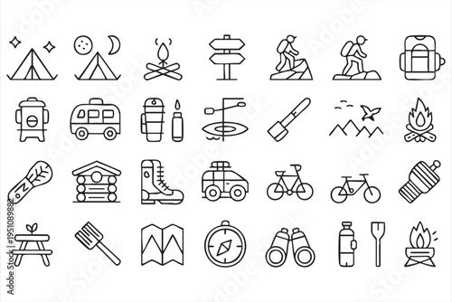 Hiking Camping And Outdoor Survival Line Icon Pack For Travel Design