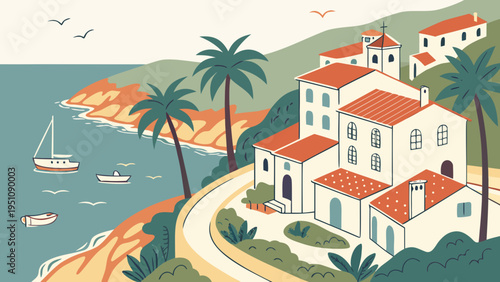 Colorful Mediterranean Coastal Town with Sea and Boats Vector