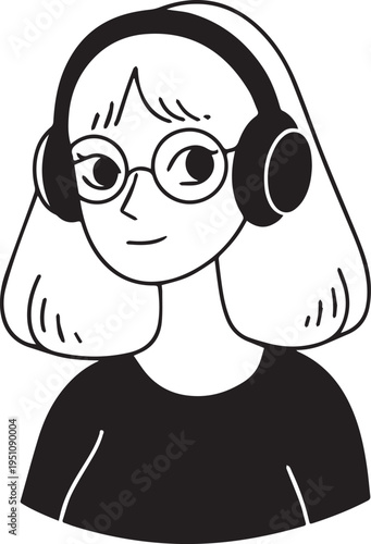 Hand Drawn Girl Wearing Headphones Black and White Avatar Illustration in Minimal Line Art Style Design