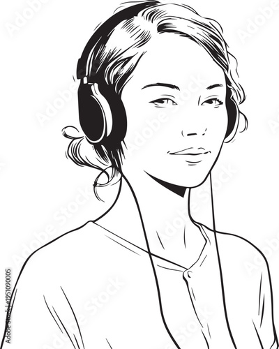 Hand Drawn Girl Wearing Headphones Black and White Avatar Illustration in Minimal Line Art Style Design