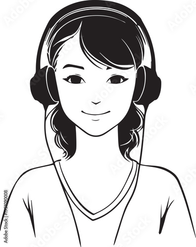 Hand Drawn Girl Wearing Headphones Black and White Avatar Illustration in Minimal Line Art Style Design