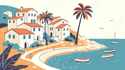 Colorful Mediterranean Coastal Town with Sea and Boats Vector
