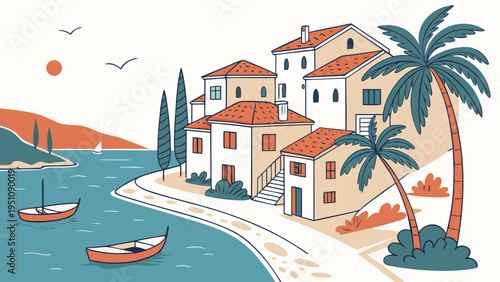 Colorful Mediterranean Coastal Town with Sea and Boats Vector