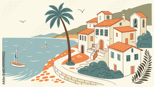 Colorful Mediterranean Coastal Town with Sea and Boats Vector