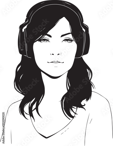 Hand Drawn Girl Wearing Headphones Black and White Avatar Illustration in Minimal Line Art Style Design