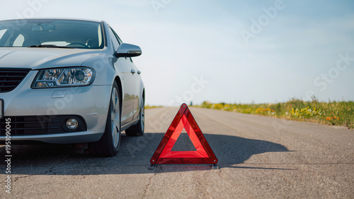 car crash, ​An orange warning triangle stands on the ground, The vehicle has broken down, It is a typical roadside emergency scene, The car is waiting for a tow truck, Hazard signs are visible