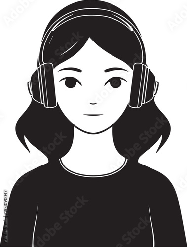 Hand Drawn Girl Wearing Headphones Black and White Avatar Illustration in Minimal Line Art Style Design