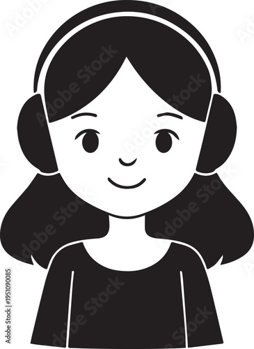 Hand Drawn Girl Wearing Headphones Black and White Avatar Illustration in Minimal Line Art Style Design