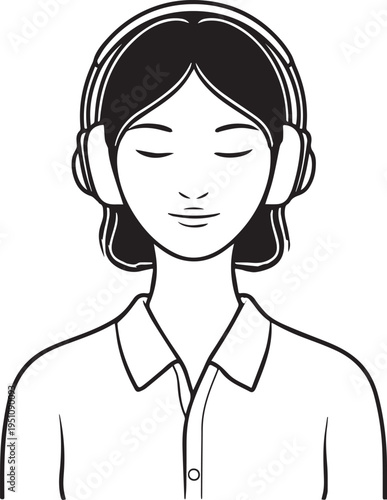 Hand Drawn Girl Wearing Headphones Black and White Avatar Illustration in Minimal Line Art Style Design