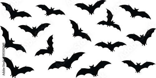 Flying bat silhouettes collection, spooky nocturnal animals vector set, halloween design elements, dark wildlife icons isolated, creepy wings illustration for horror theme decoration