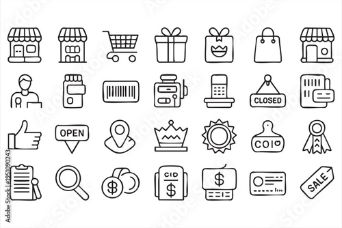 Ecommerce Storefront And Checkout Outline Icons For Online Marketplace
