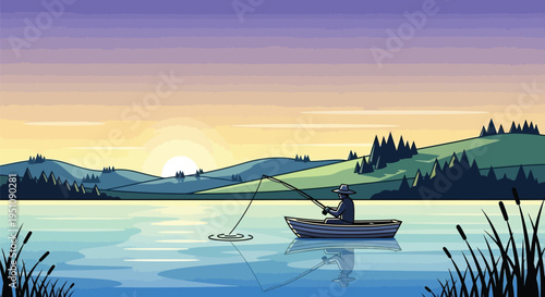Vector illustration of a man fishing in a serene lake at sunset