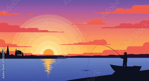 Vector sunset fishing scene with boat and city skyline