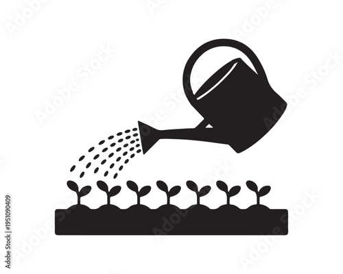 A black silhouette of a watering can pouring water onto a row of small green seedlings growing in dark soil, representing