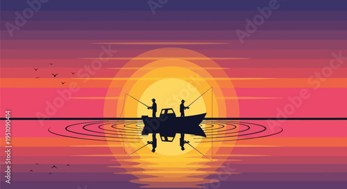 Vector illustration of a boat on water at sunset