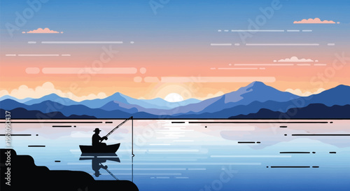 Vector illustration of a man fishing in a serene lake at sunset with mountains