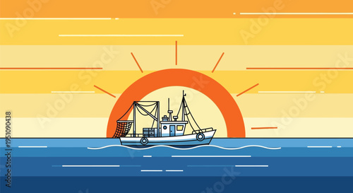 Vector illustration of fishing boat at sunset