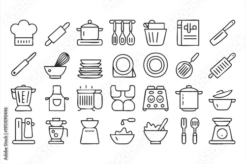 Kitchenware And Cooking Equipment Outline Icon Set For Culinary Design