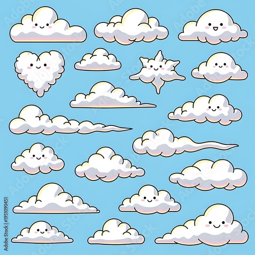 Assortment of cartoon fluffy white cloud shapes with happy facial expressions floating in blue sky
