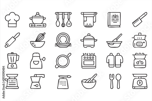 Kitchenware And Cooking Utensil Line Icons For Restaurant And Home Cooking