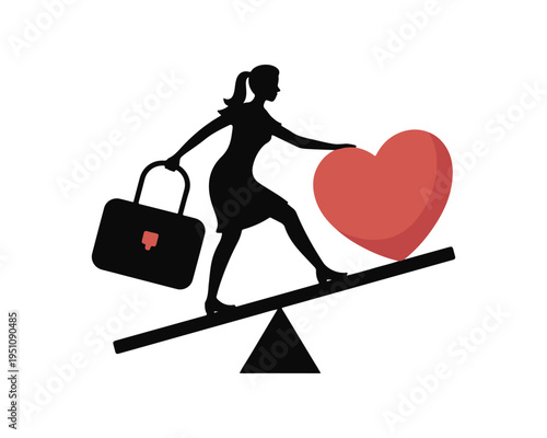 Balancing work life and personal life a silhouette of a woman steps on a seesaw with a briefcase in one hand and a large red