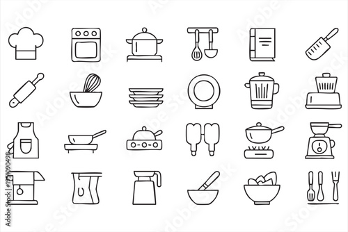 Kitchen And Cooking Tools Vector Icon Set For Restaurant And Home Kitchen