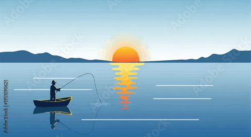 Vector illustration of a man fishing in a boat at sunset