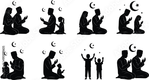Muslim family prayer silhouettes set, Islamic people praying with crescent moon and stars, Eid Ramadan religious worship scenes isolated on white background vector