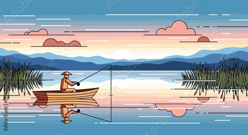 Vector illustration of a man fishing in a boat on a lake at sunset
