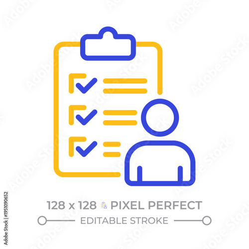 Respondent profile pixel perfect two color line icon. Employee evaluation. Performance reviews bicolor outline symbol. Duotone linear pictogram. Isolated illustration. Editable stroke